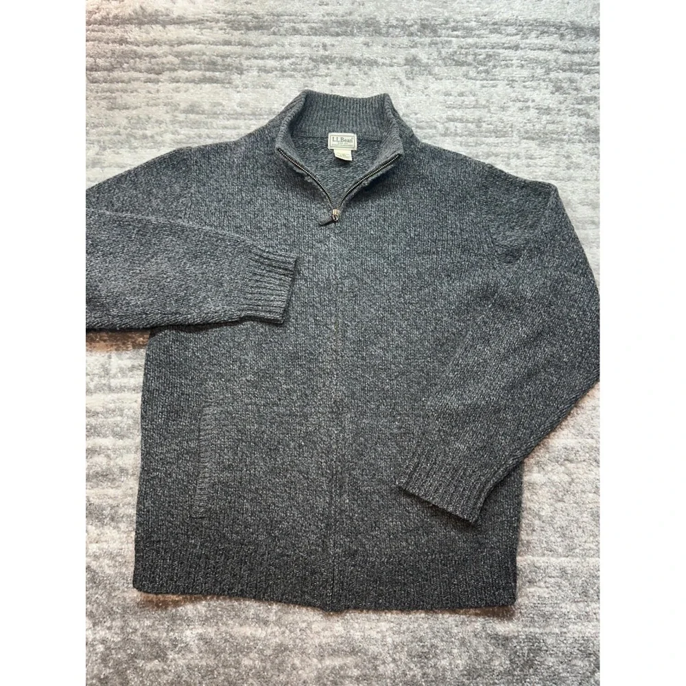LL Bean Full Zip Cardigan Mens L Gray Lambswool Mock Neck Sweater 245046